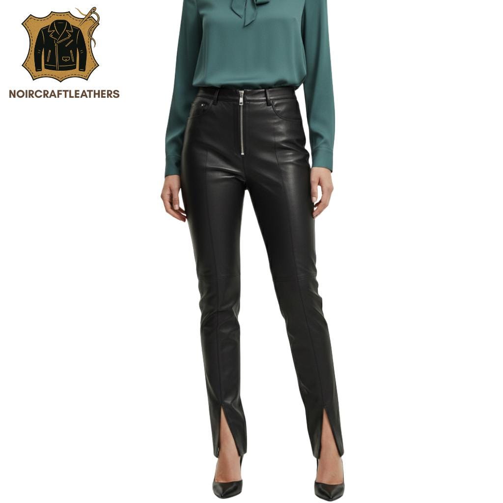 Lambskin Leather Split Hem Pants - High Waisted Slim Fit