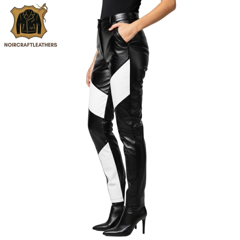 Color Block Lambskin Leather Pants: High Waisted Biker Trousers