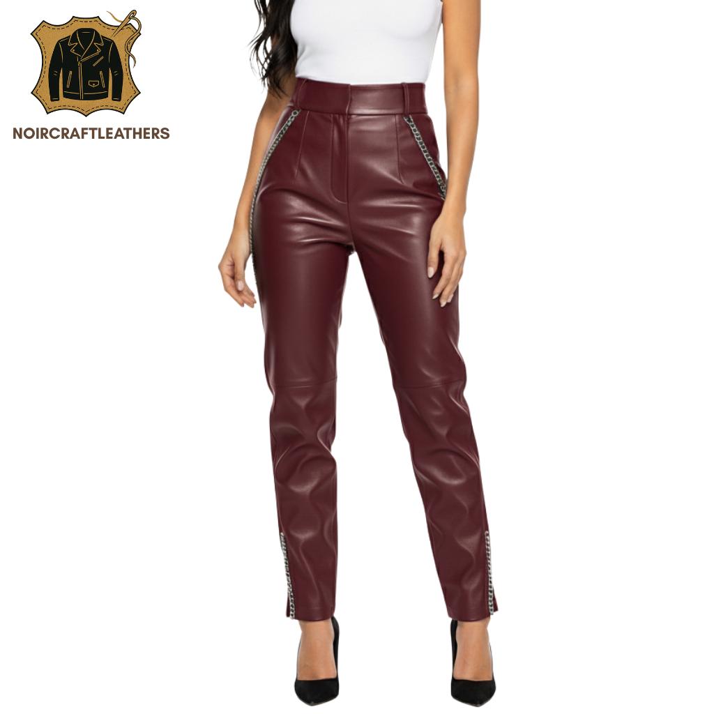 Maroon Lambskin Leather Pants: High-Waisted Biker Chain Trousers