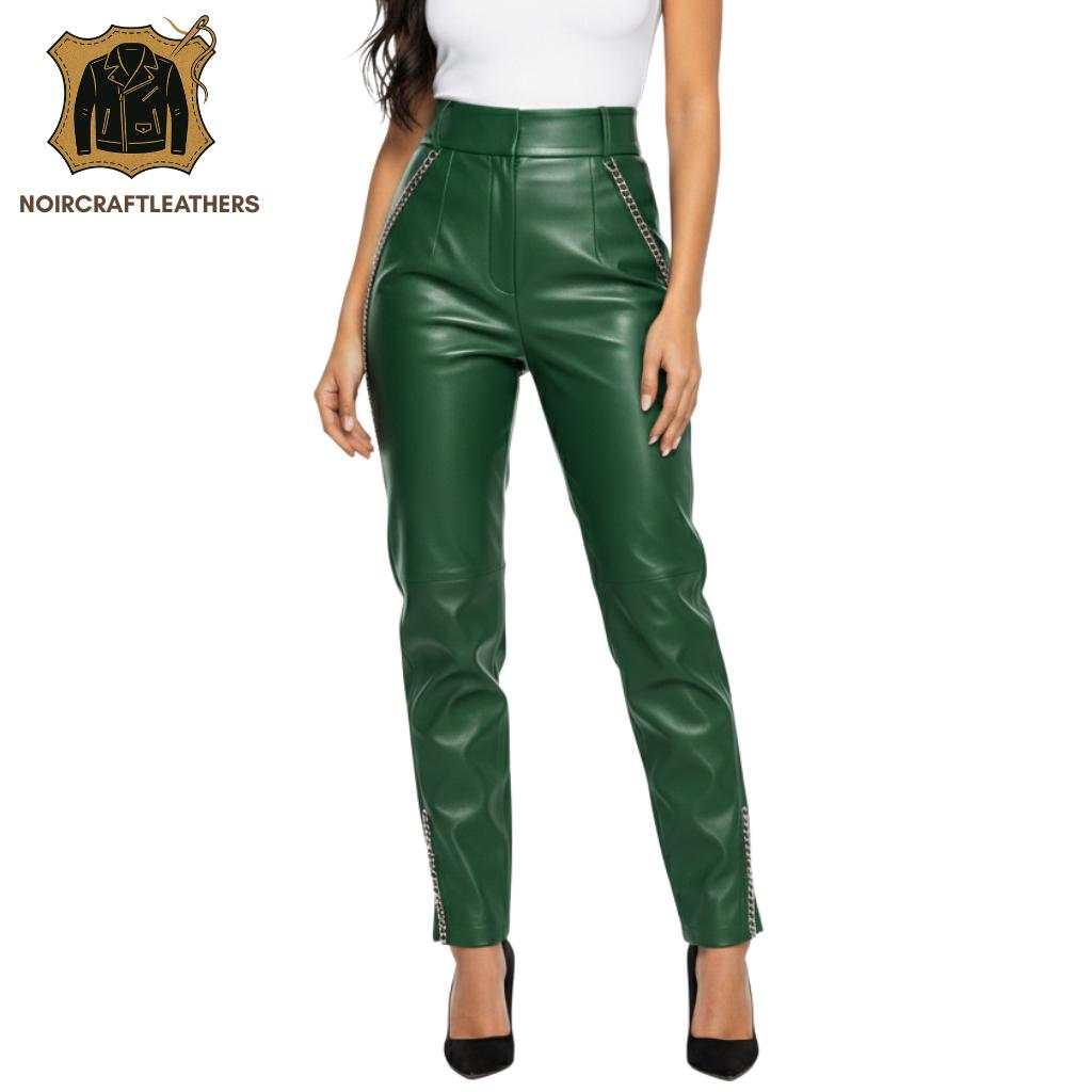 Maroon Lambskin Leather Pants: High-Waisted Biker Chain Trousers