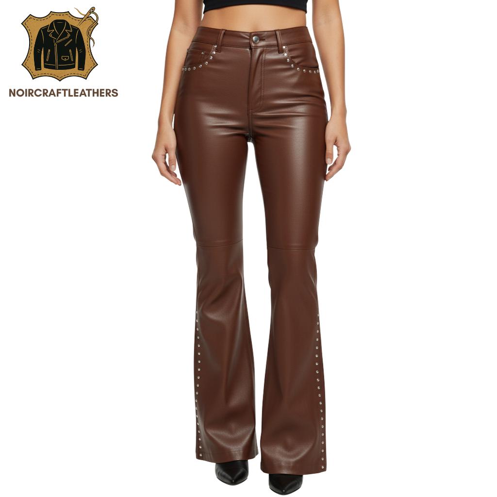 Brown Lambskin Leather Studded Flare Pants - Western Rock Style