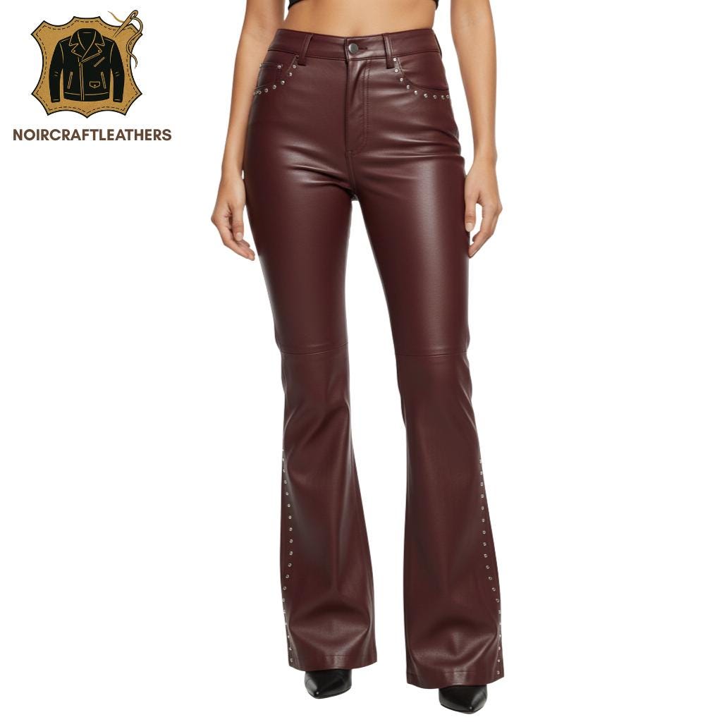 Brown Lambskin Leather Studded Flare Pants - Western Rock Style