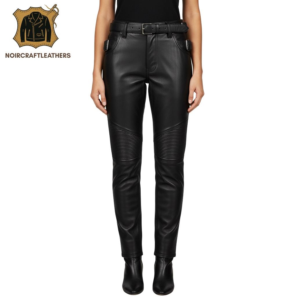 Women's Lambskin Leather Biker Pants - High Waisted Quilted Trousers