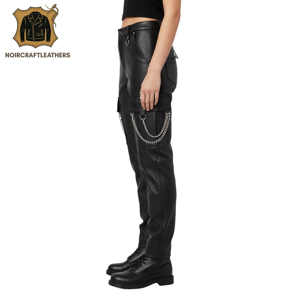 Lambskin Leather Cargo Pants: High Waisted Goth Punk Trousers with Chains