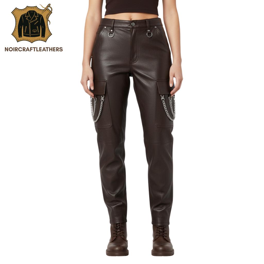 Lambskin Leather Cargo Pants: High Waisted Goth Punk Trousers with Chains