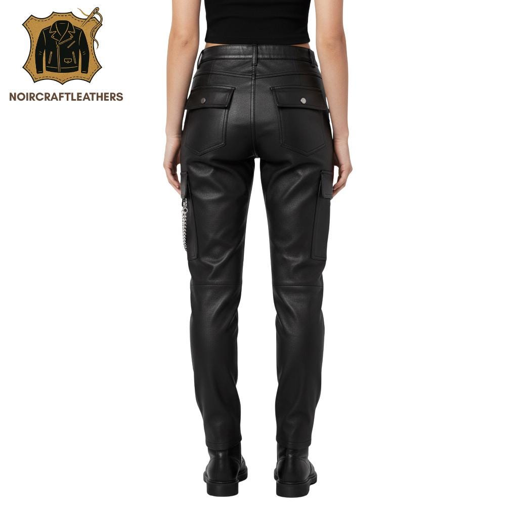 Lambskin Leather Cargo Pants: High Waisted Goth Punk Trousers with Chains