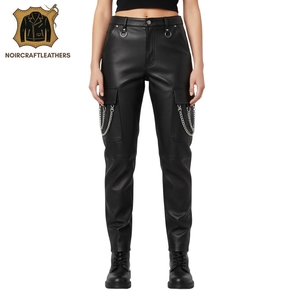 Lambskin Leather Cargo Pants: High Waisted Goth Punk Trousers with Chains