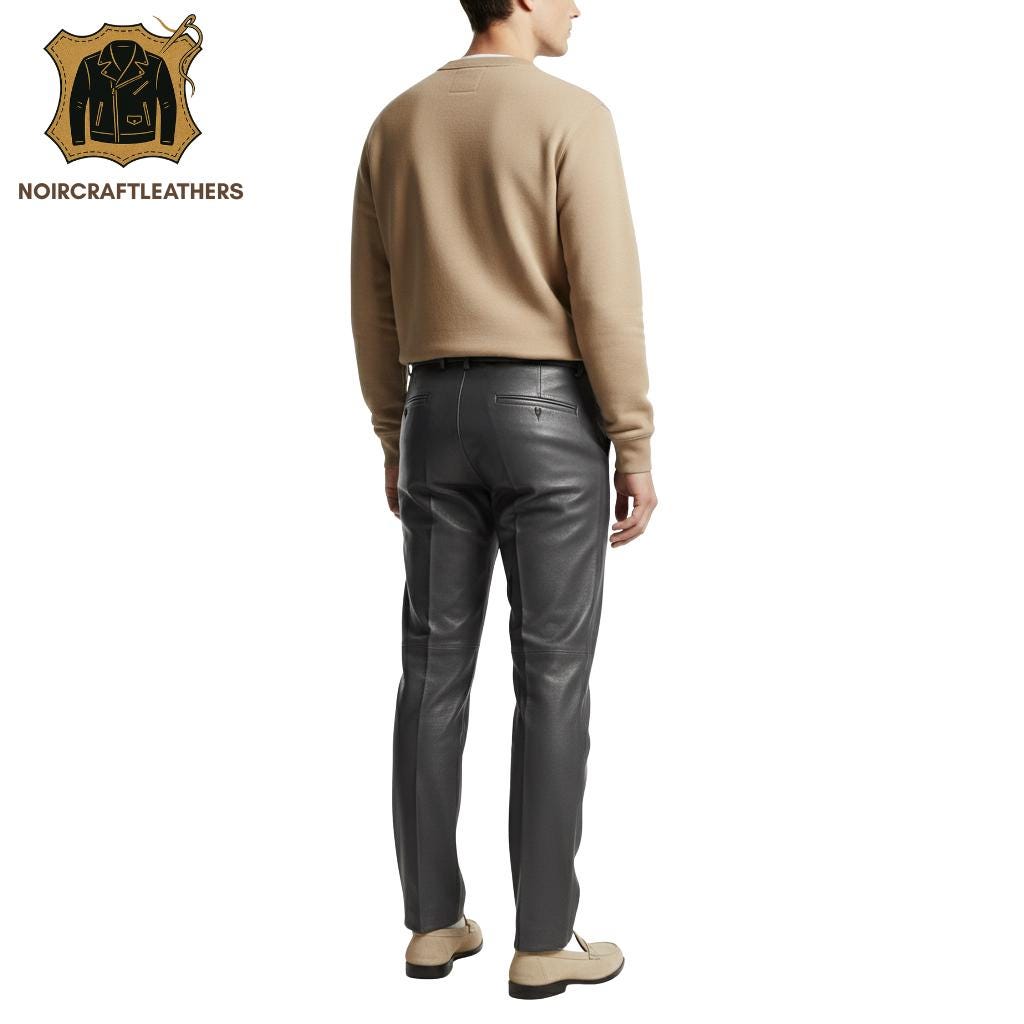 Men's Lambskin Leather Trousers: Charcoal Gray Slim-Fit Pants with Center Seam