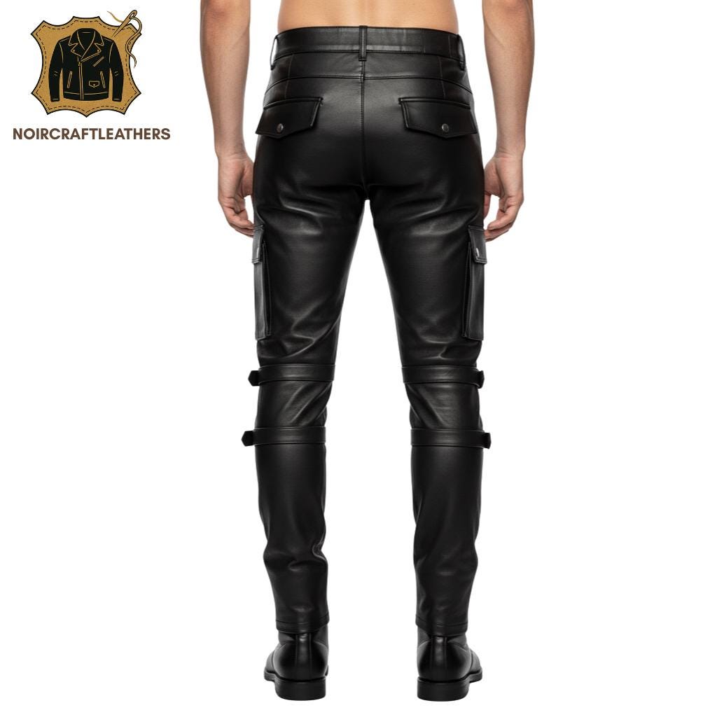 Men's Black Lambskin Leather Biker Pants: Slim Fit Cargo Trousers