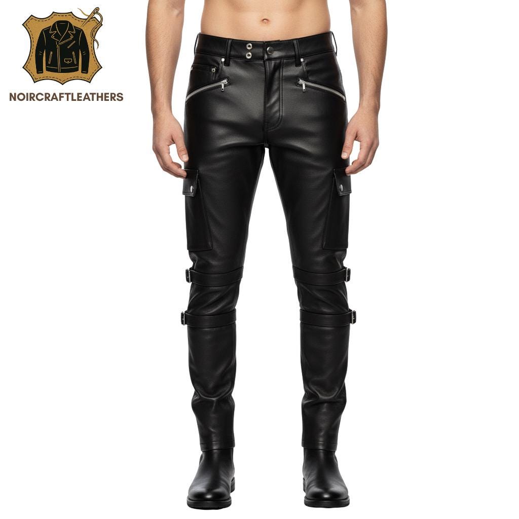 Men's Black Lambskin Leather Biker Pants: Slim Fit Cargo Trousers