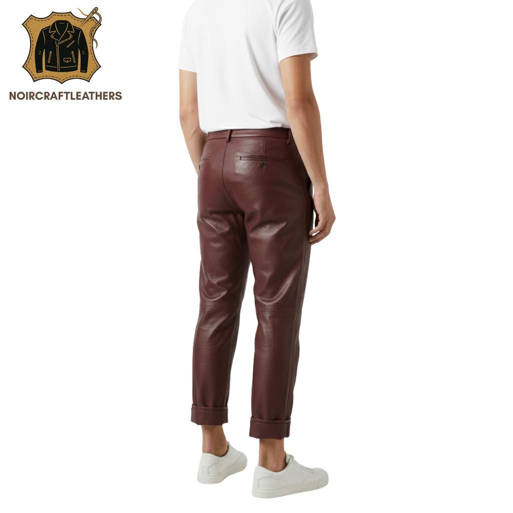 Men's Maroon Lambskin Leather Pleated Trousers: Slim Fit Cuffed Pants