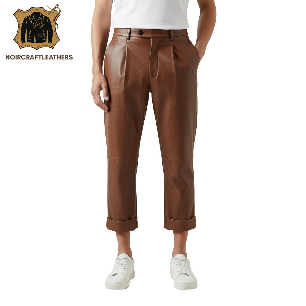 Men's Maroon Lambskin Leather Pleated Trousers: Slim Fit Cuffed Pants