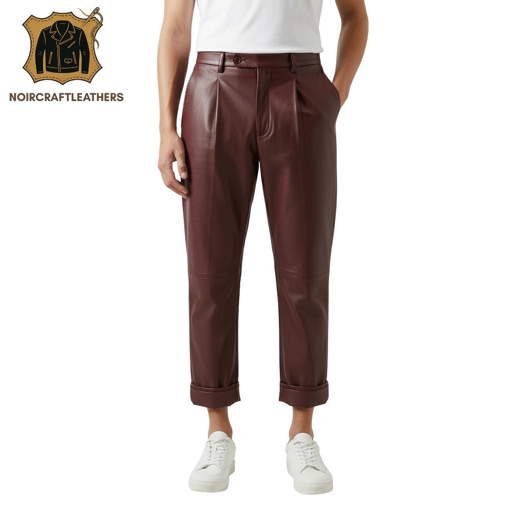 Men's Maroon Lambskin Leather Pleated Trousers: Slim Fit Cuffed Pants