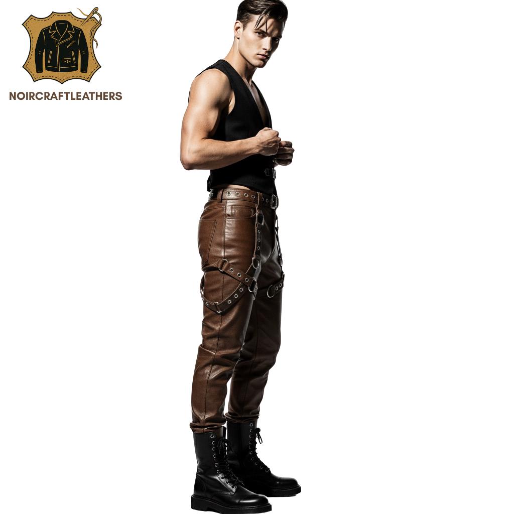 Men's Brown Lambskin Leather Bondage Pants Ring Straps Goth Punk Style Trousers SteamPunk Halloween Cosplay Perfect Gift For Him