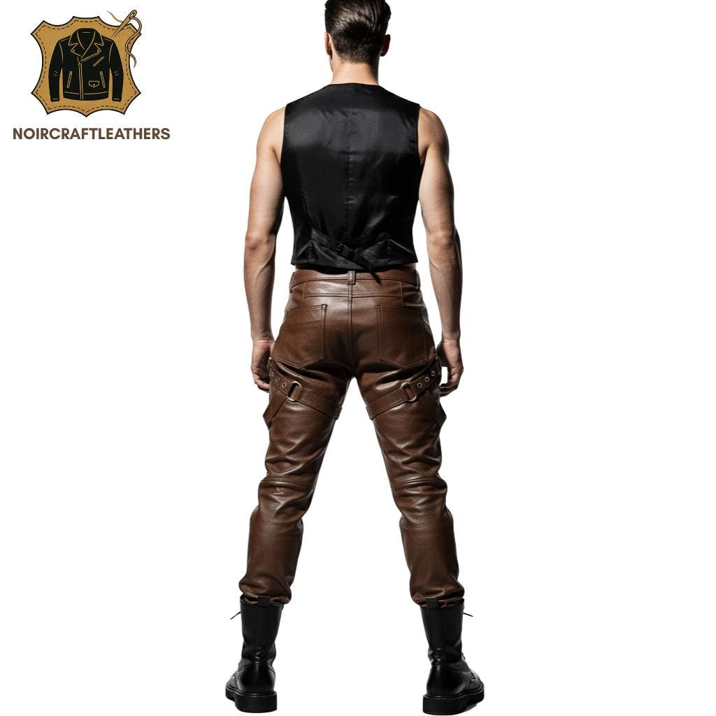 Men's Brown Lambskin Leather Bondage Pants Ring Straps Goth Punk Style Trousers SteamPunk Halloween Cosplay Perfect Gift For Him