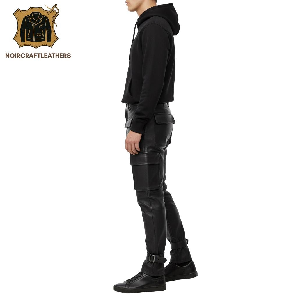 Men's Lambskin Leather Cargo Pants: Slim Fit Biker Trousers