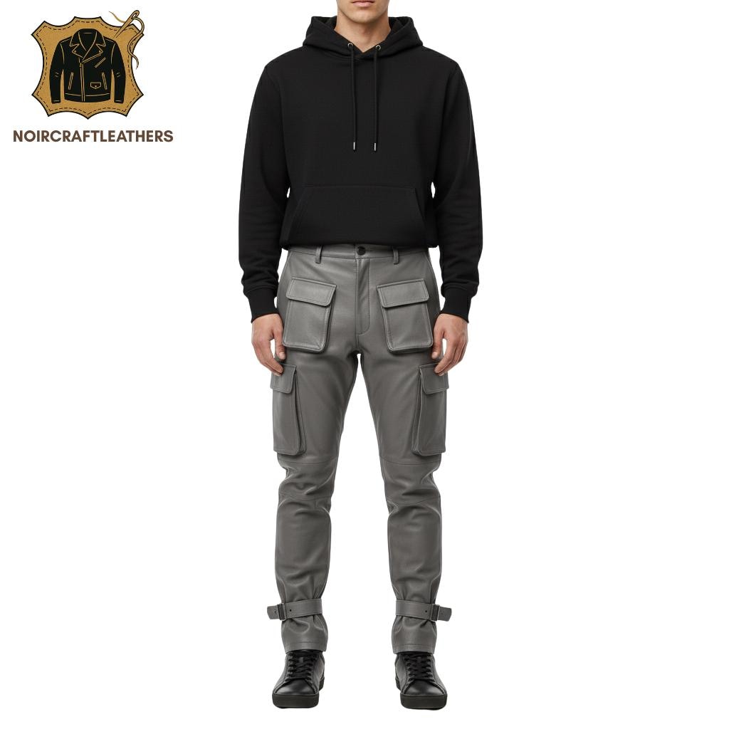 Men's Lambskin Leather Cargo Pants: Slim Fit Biker Trousers