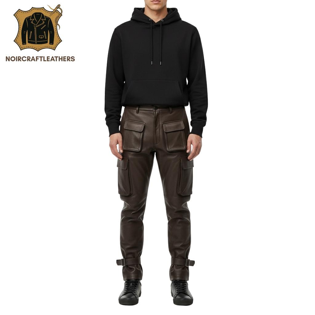 Men's Lambskin Leather Cargo Pants: Slim Fit Biker Trousers