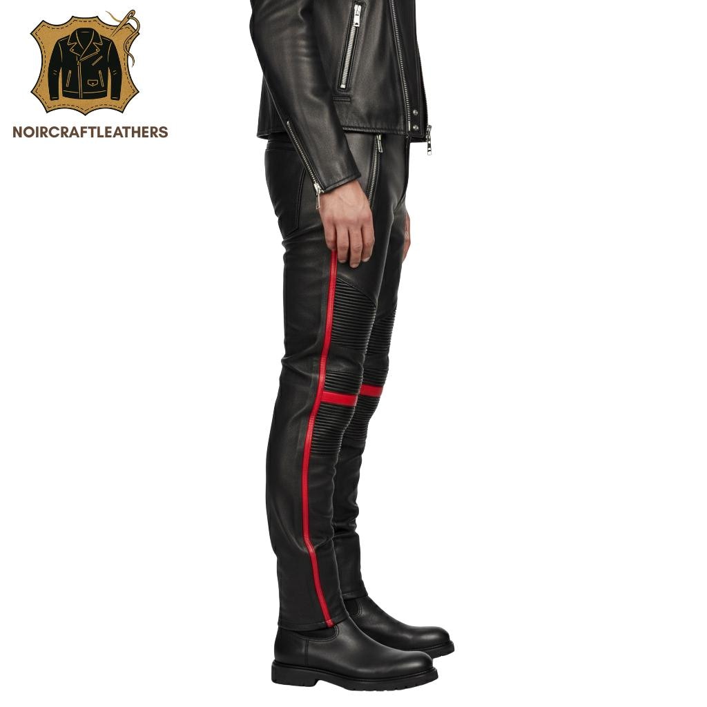 Men's Black Lambskin Leather Biker Pants: Red Stripe Quilted Trousers
