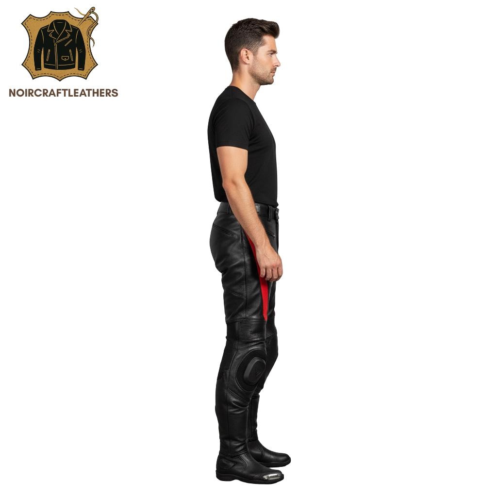Men's Black Lambskin Leather Motorcycle Pants: Red Stripe Biker Trousers