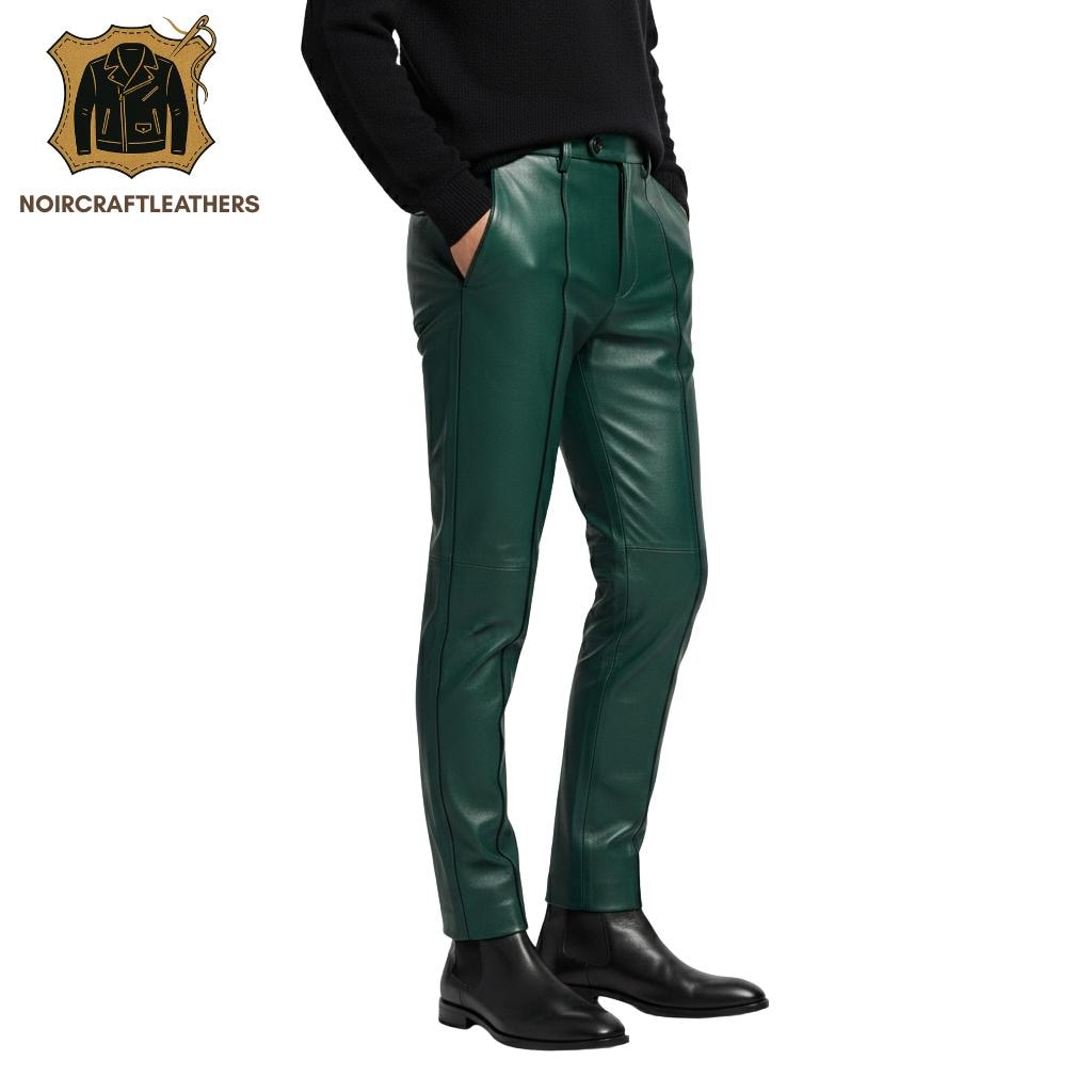 Men's Green Lambskin Leather Trousers: Slim Fit, Piping Detail