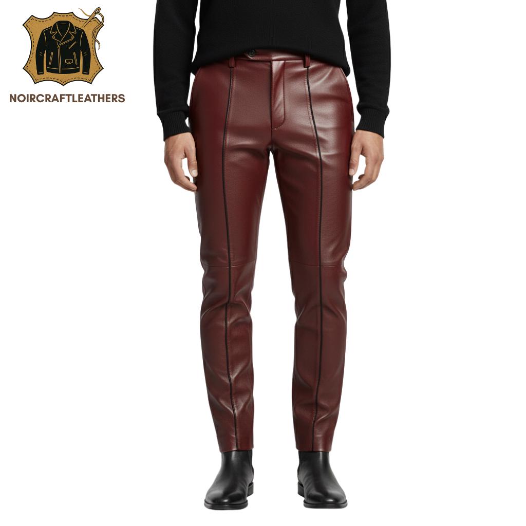 Men's Green Lambskin Leather Trousers: Slim Fit, Piping Detail