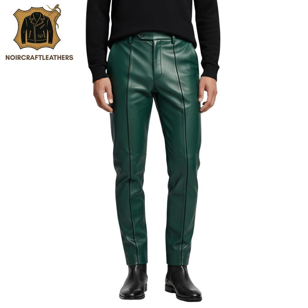 Men's Green Lambskin Leather Trousers: Slim Fit, Piping Detail