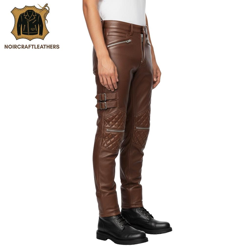 Men's Brown Lambskin Leather Biker Pants: Quilted Slim Fit Trousers