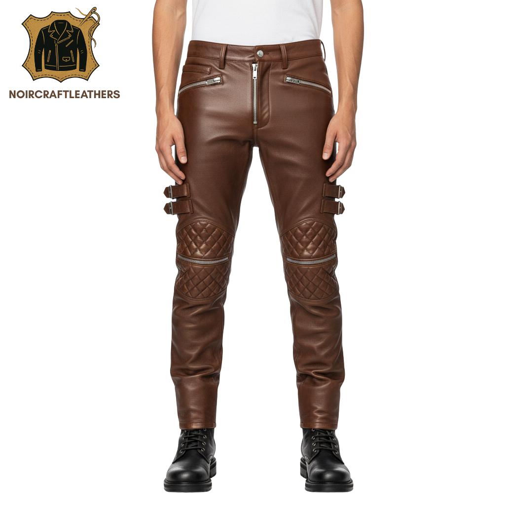 Men's Brown Lambskin Leather Biker Pants: Quilted Slim Fit Trousers