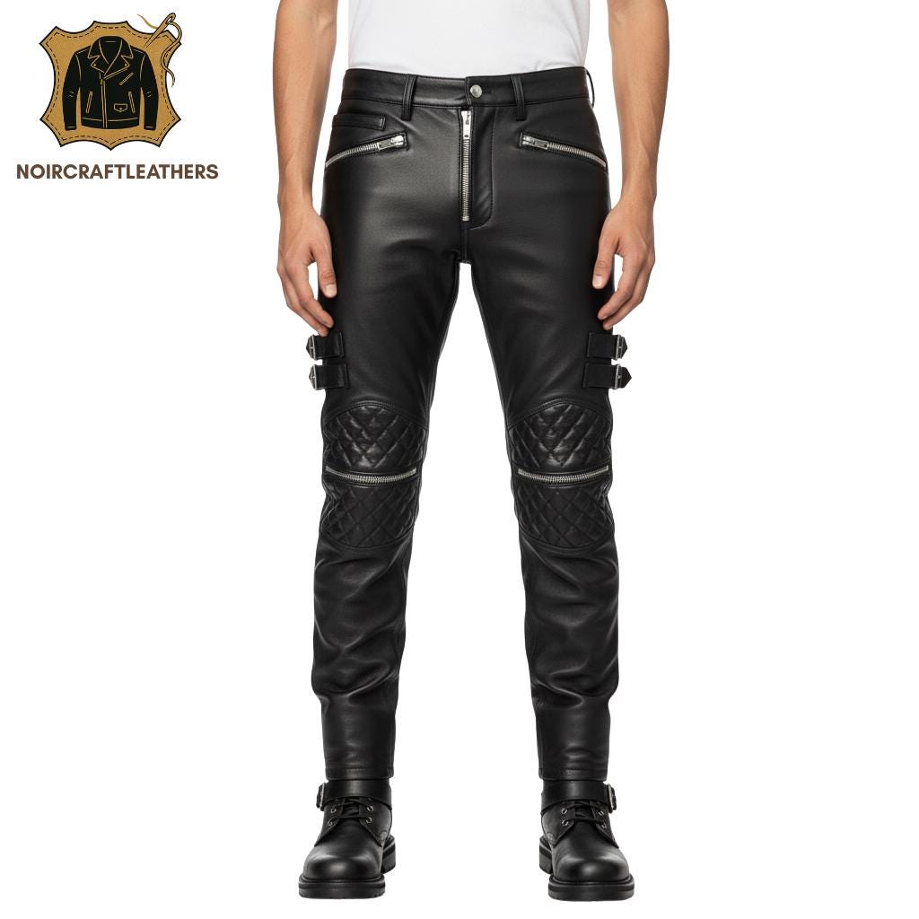 Men's Brown Lambskin Leather Biker Pants: Quilted Slim Fit Trousers