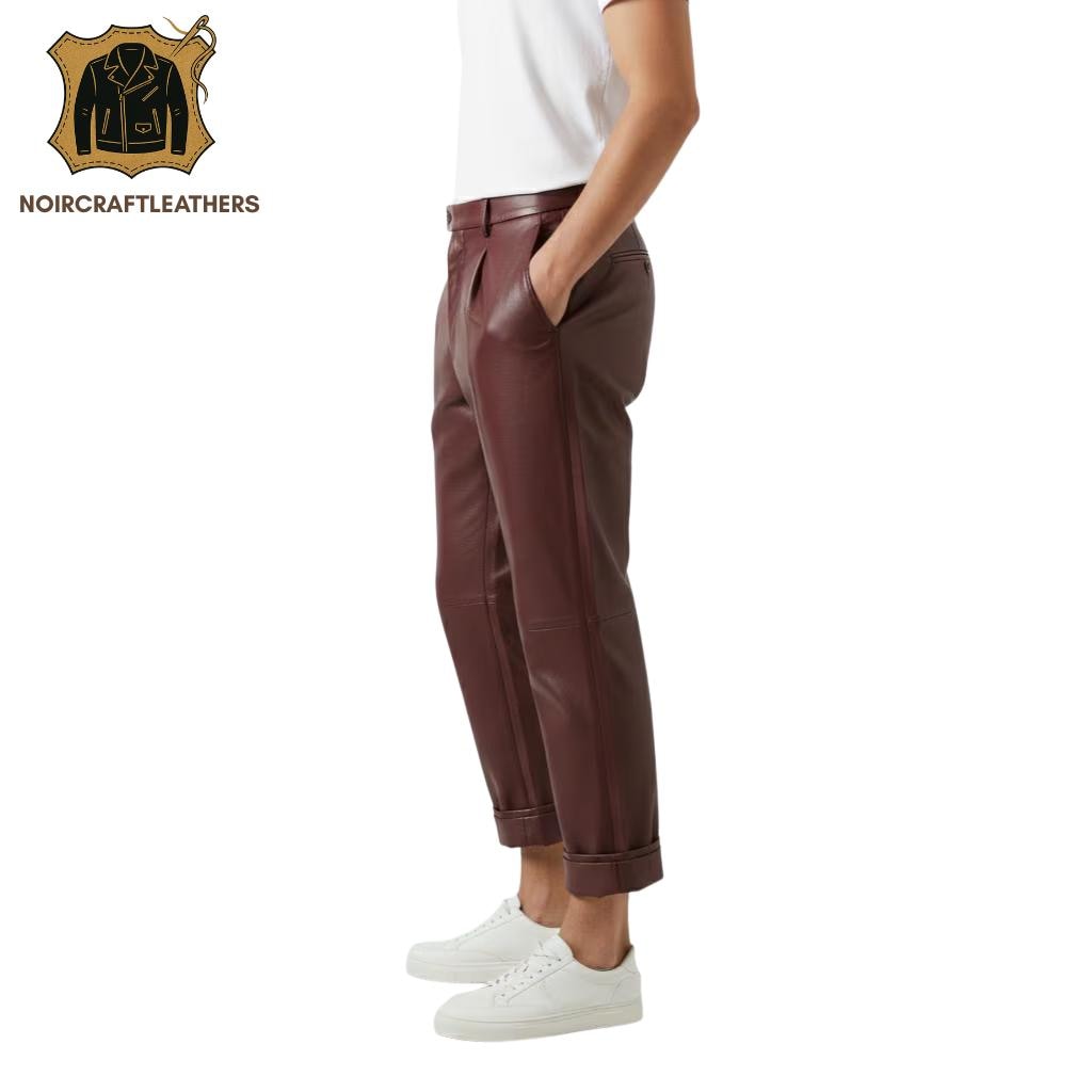 Men's Maroon Lambskin Leather Pleated Trousers: Slim Fit Cuffed Pants